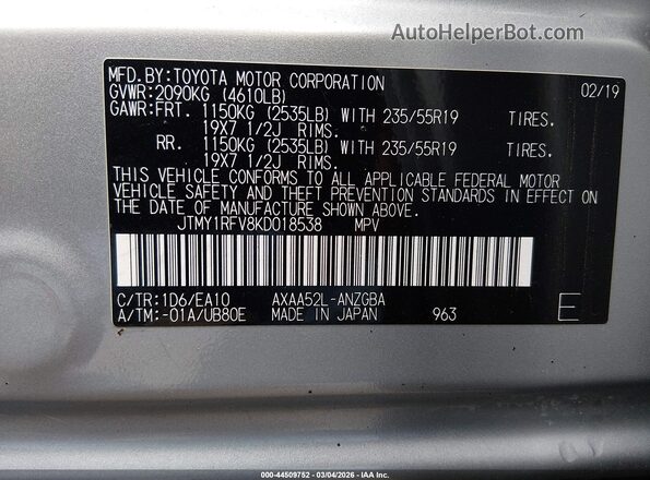 JTMY1RFV8KD018538 2019 TOYOTA LIMITED Silver Vista del compartimento del motor