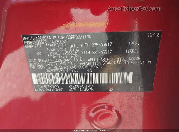 JTMZFREVXHJ120327 2017 TOYOTA LE Red Widok komory silnika