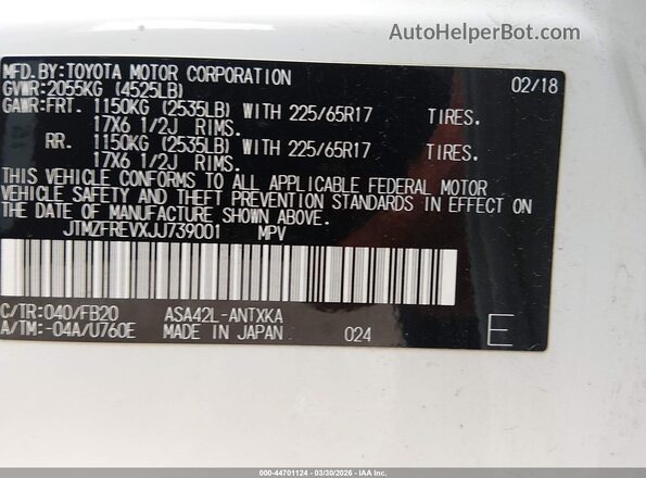 JTMZFREVXJJ739001 2018 TOYOTA LE White Engine compartment view