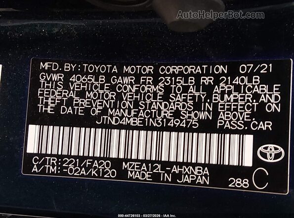 JTND4MBE1N3149475 2022 TOYOTA LL Dark Blue Շարժիչի բաժամունքի տեսք