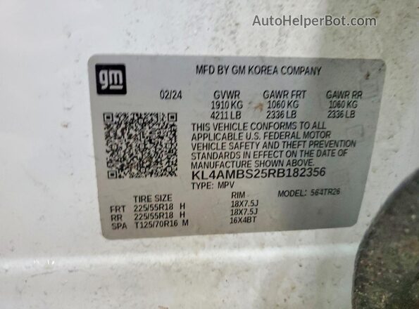 KL4AMBS25RB182356 2024 BUICK ENCORE White Widok naklejki z numerem VIN