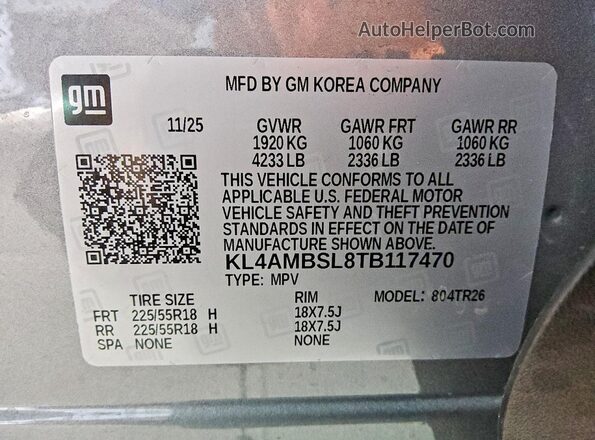 KL4AMBSL8TB117470 2026 BUICK ENCORE Gray Widok naklejki z numerem VIN