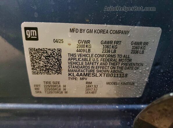 KL4AMESLXTB011118 2026 BUICK ENCORE Blue Widok naklejki z numerem VIN