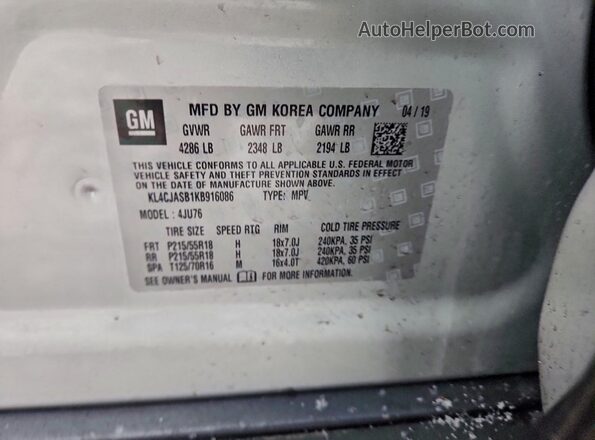 KL4CJASB1KB916086 2019 BUICK ENCORE Silver 