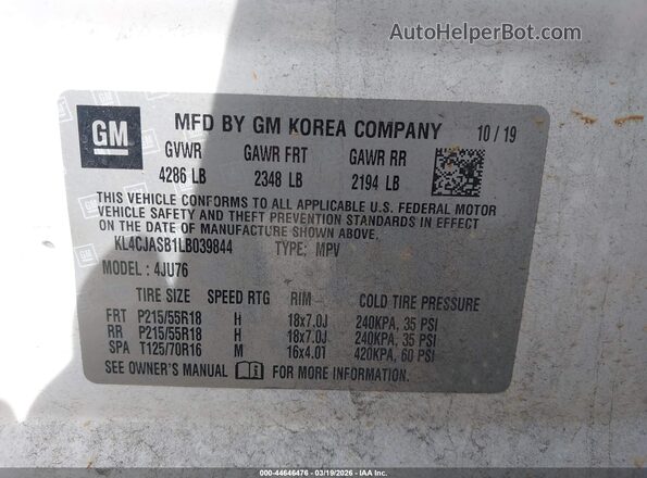 KL4CJASB1LB039844 2020 BUICK ENCORE Белый Вид подкапотного пространства