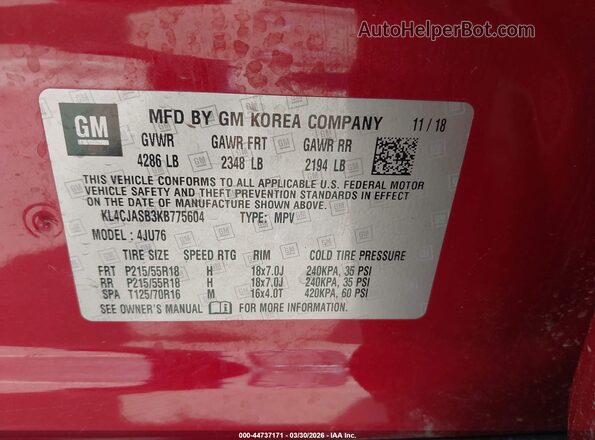 KL4CJASB3KB775604 2019 BUICK ENCORE Burgundy 