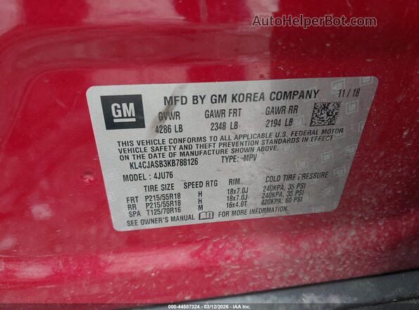 KL4CJASB3KB788126 2019 BUICK ENCORE Красный Вид подкапотного пространства