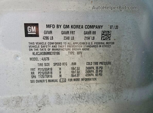 KL4CJASB6MB310186 2021 BUICK ENCORE Silver VIN კოდის სტიკერის ხედი