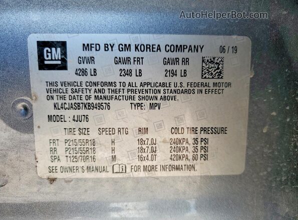 KL4CJASB7KB949576 2019 BUICK ENCORE Gray 