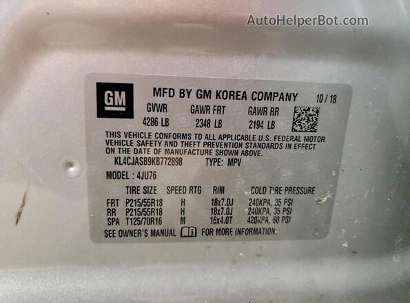KL4CJASB9KB772898 2019 BUICK ENCORE Silver 