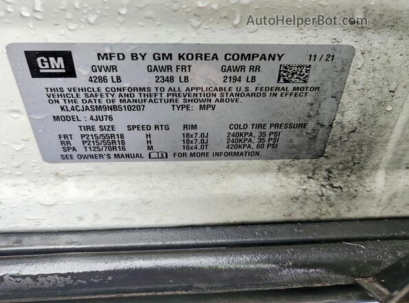 KL4CJASM9NB510207 2022 BUICK ENCORE White ძრავის განყოფილების ხედი