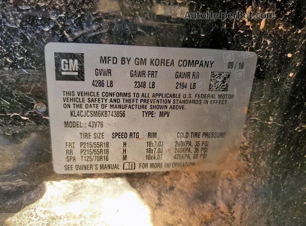 KL4CJCSM6KB743856 2019 BUICK ENCORE Black Widok naklejki z numerem VIN