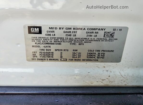 KL4CJCSM6KB872485 2019 BUICK ENCORE White 