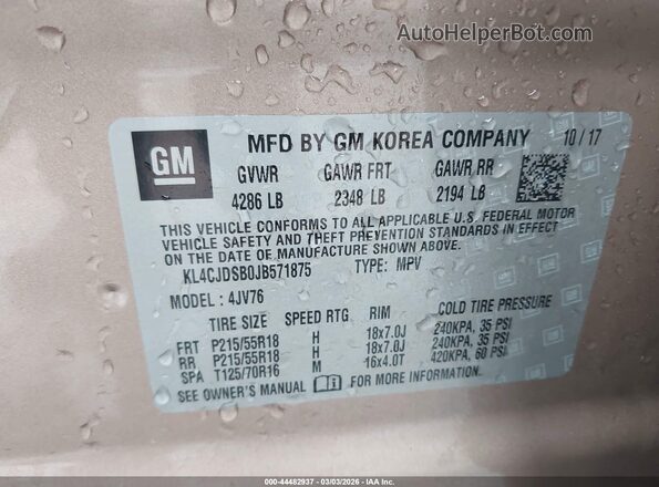 KL4CJDSB0JB571875 2018 BUICK ENCORE Brown Vista del compartimento del motor