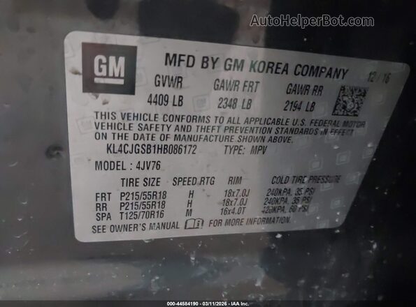 KL4CJGSB1HB086172 2017 BUICK ENCORE Gray ძრავის განყოფილების ხედი