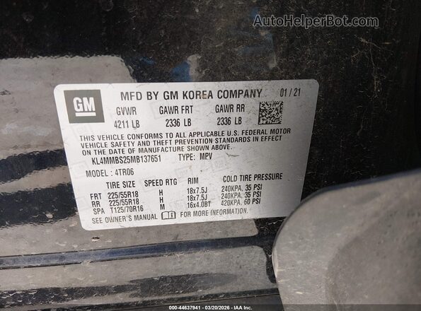 KL4MMBS25MB137651 2021 BUICK ENCORE Black Widok komory silnika