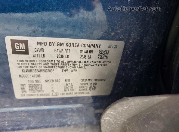 KL4MMDS24MB037892 2021 BUICK ENCORE Blue VIN կոդի պիտակի տեսք