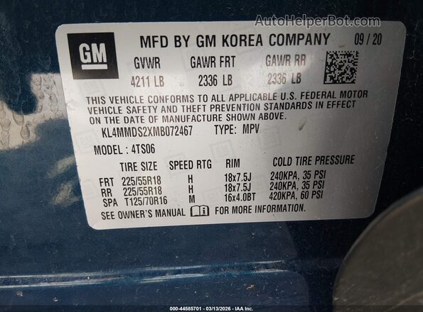 KL4MMDS2XMB072467 2021 BUICK ENCORE Blue Widok komory silnika