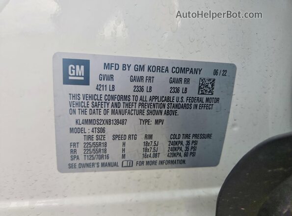 KL4MMDS2XNB139487 2022 BUICK ENCORE Белый Вид наклейки с VIN-кодом