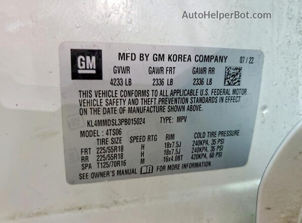 KL4MMDSL3PB015024 2023 BUICK ENCORE White Вид наклейки з VIN-кодом