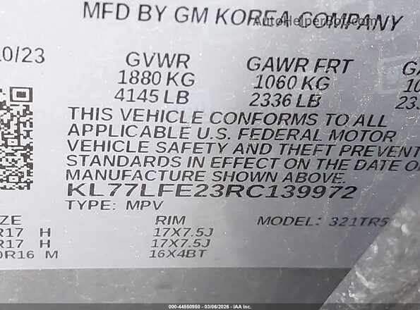 KL77LFE23RC139972 2024 CHEVROLET TRAX Gray Вид підкапотного простору