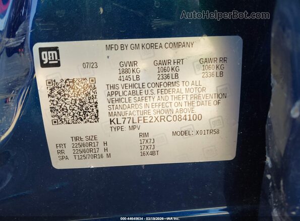 KL77LFE2XRC084100 2024 CHEVROLET TRAX Blue Vista del compartimento del motor