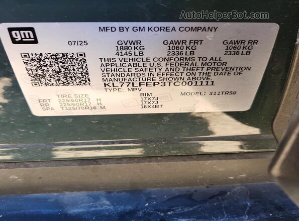 KL77LFEP3TC001111 2026 CHEVROLET TRAX Charcoal Вид наклейки з VIN-кодом