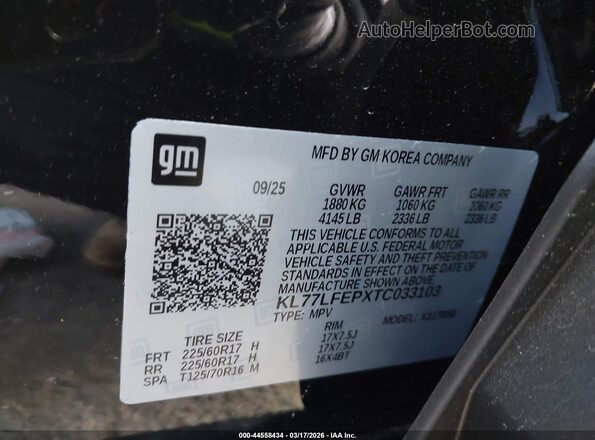 KL77LFEPXTC033103 2026 CHEVROLET TRAX Black Engine compartment view