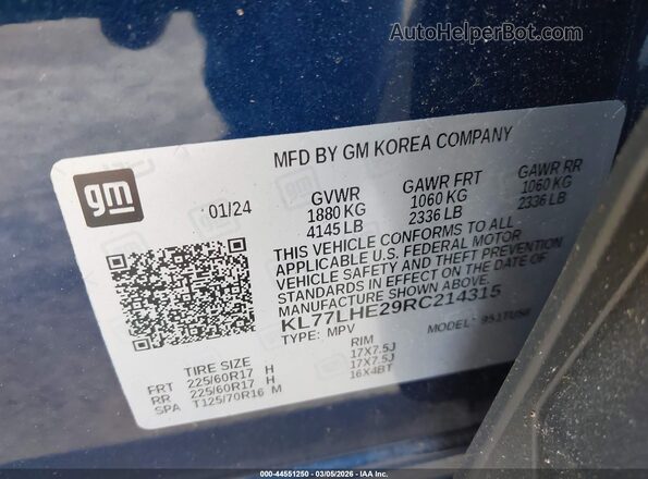 KL77LHE29RC214315 2024 CHEVROLET TRAX Blue Вид підкапотного простору