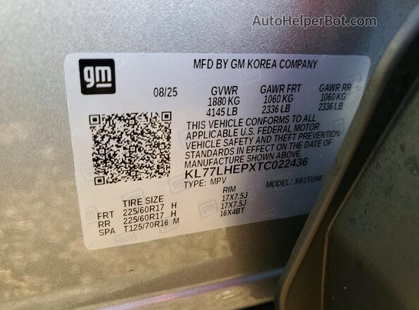 KL77LHEPXTC022436 2026 CHEVROLET TRAX Silver Vista de la etiqueta del VIN