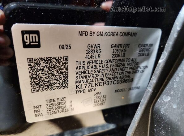 KL77LKEP3TC039608 2026 CHEVROLET TRAX Black Vista de la etiqueta del VIN