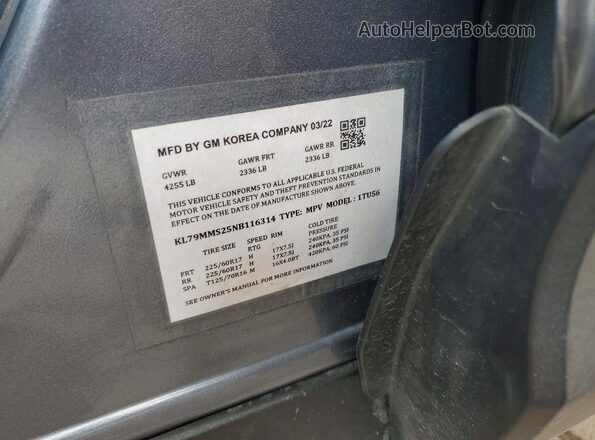 KL79MMS25NB116319 2022 CHEVROLET TRAILBLAZER Gray Вид наклейки з VIN-кодом