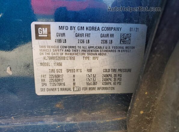 KL79MMS26MB127618 2021 CHEVROLET TRAILBLAZER Blue VIN sticker view