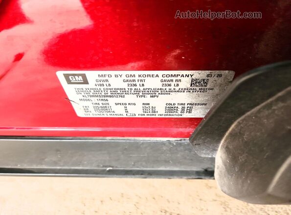 KL79MMS28MB012762 2021 CHEVROLET TRAILBLAZER Maroon VIN კოდის სტიკერის ხედი