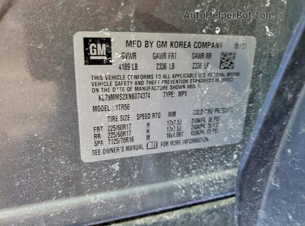 KL79MMS2XNB074374 2022 CHEVROLET TRAILBLAZER Gray Widok naklejki z numerem VIN