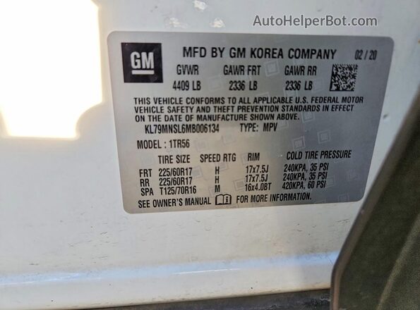 KL79MNSL6MB006134 2021 CHEVROLET TRAILBLAZER Белый Вид наклейки с VIN-кодом