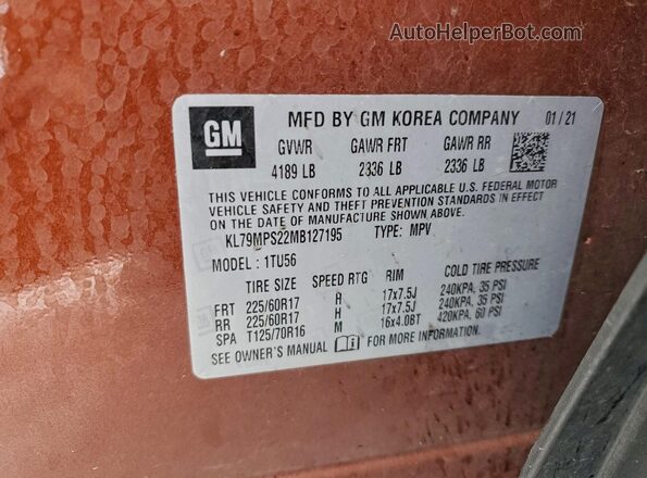 KL79MPS22MB127195 2021 CHEVROLET TRAILBLAZER Orange Vista de la etiqueta del VIN