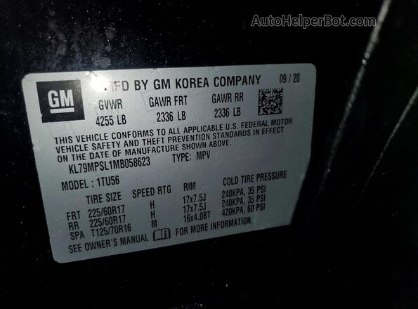 KL79MPSL1MB058623 2021 CHEVROLET TRAILBLAZER Black VIN კოდის სტიკერის ხედი