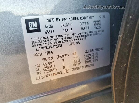 KL79MPSL8MB125489 2021 CHEVROLET TRAILBLAZER Gray Вид наклейки з VIN-кодом