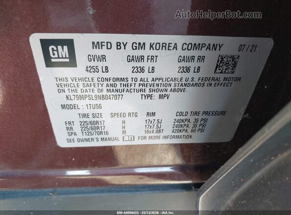 KL79MPSL9NB047077 2022 CHEVROLET TRAILBLAZER Maroon Вид підкапотного простору