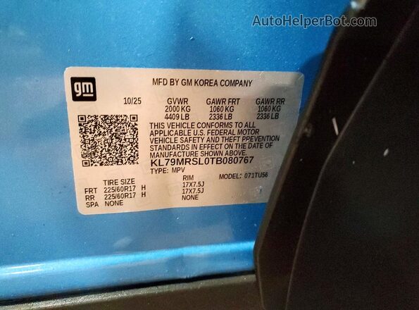 KL79MRSL0TB080767 2026 CHEVROLET TRAILBLAZER Blue VIN sticker view