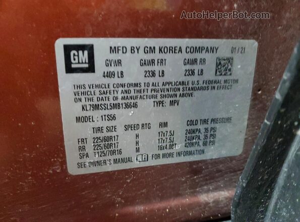 KL79MSSL5MB136646 2021 CHEVROLET TRAILBLAZER Оранжевый Вид наклейки с VIN-кодом