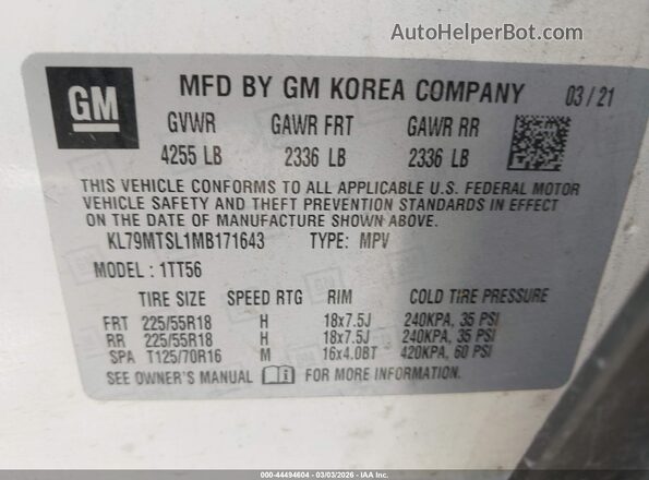 KL79MTSL1MB171643 2021 CHEVROLET TRAILBLAZER White Engine compartment view