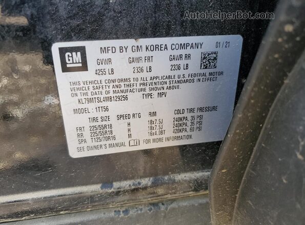 KL79MTSL4MB129256 2021 CHEVROLET TRAILBLAZER Black VIN კოდის სტიკერის ხედი
