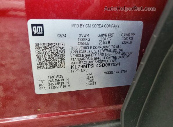 KL79MTSL4SB067094 2025 CHEVROLET TRAILBLAZER Red Вид наклейки з VIN-кодом