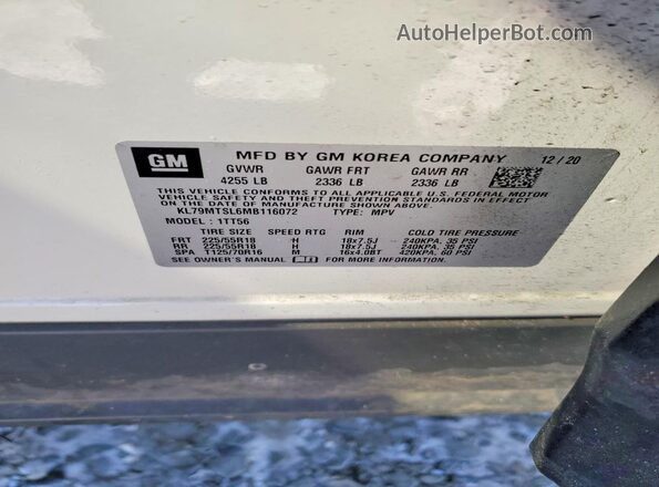 KL79MTSL6MB116072 2021 CHEVROLET TRAILBLAZER White VIN კოდის სტიკერის ხედი