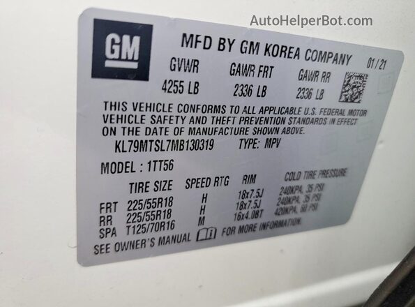 KL79MTSL7MB130319 2021 CHEVROLET TRAILBLAZER White VIN კოდის სტიკერის ხედი