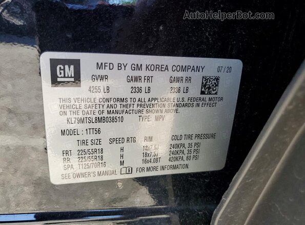 KL79MTSL8MB038510 2021 CHEVROLET TRAILBLAZER Black Widok naklejki z numerem VIN