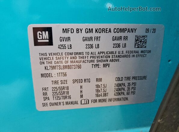 KL79MTSL8MB073760 2021 CHEVROLET TRAILBLAZER Turquoise Vista del compartimento del motor