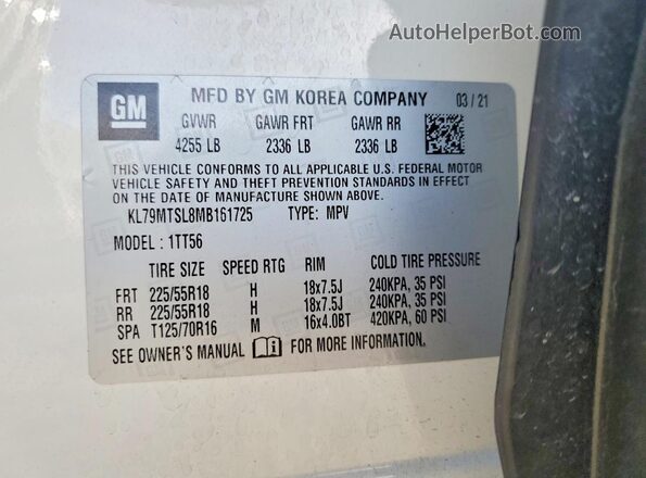 KL79MTSL8MB161725 2021 CHEVROLET TRAILBLAZER White VIN კოდის სტიკერის ხედი